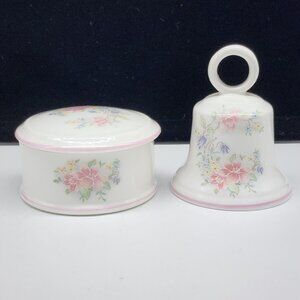St. George Fine Bone China Bell and Trinket Box Pastel Floral Pink Purple VTG